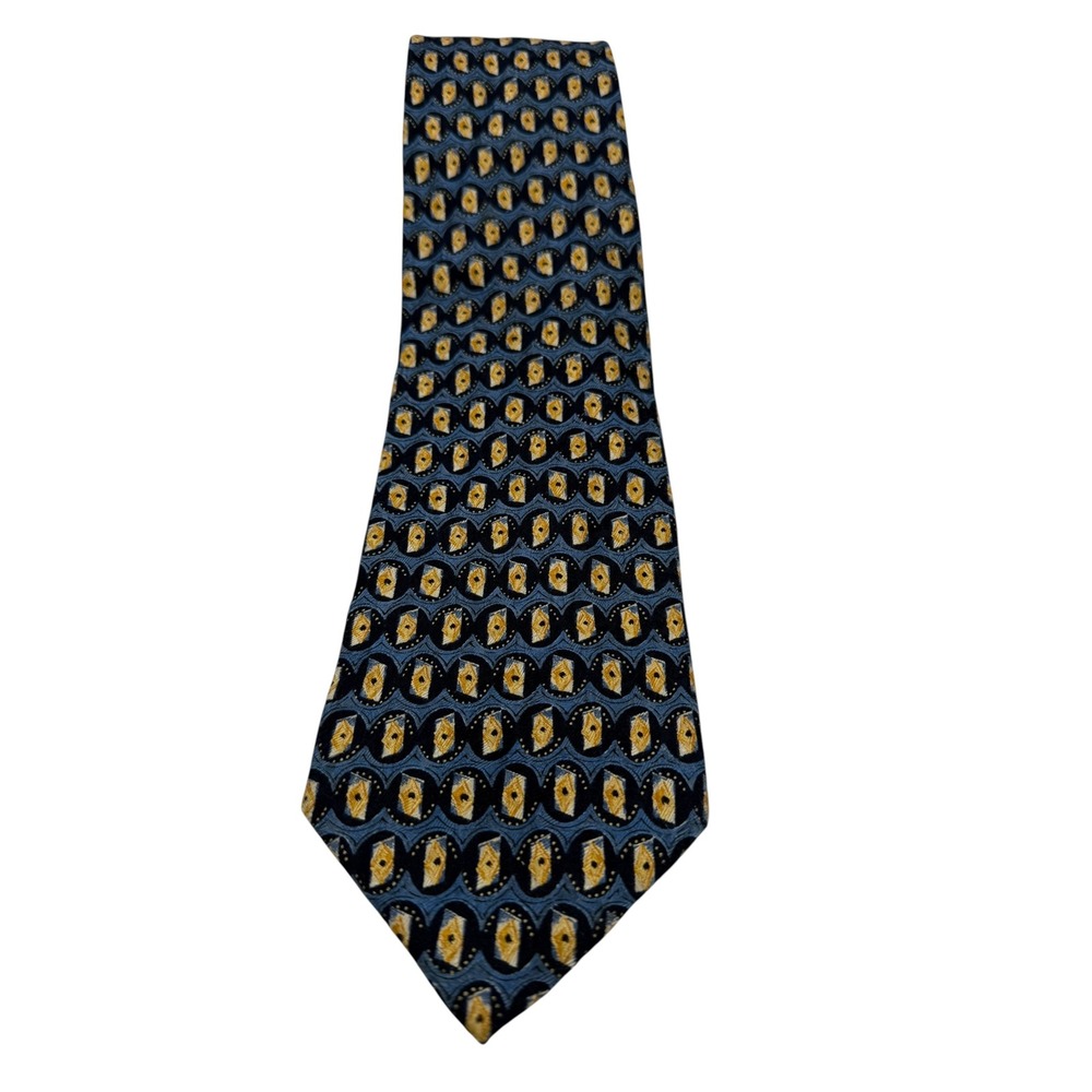 Ermenegildo Zegna Silk Tie Blue Gold Geometric Medallion Made in Italy (TC27)